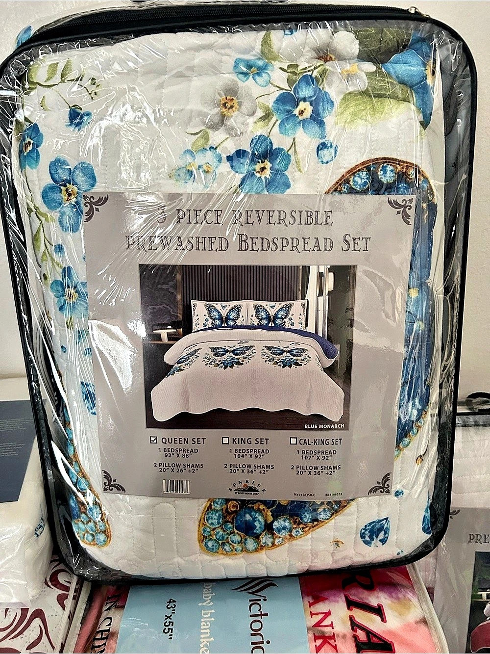 Sunrise Blue Monarch 3 Piece Reversible Prewashed Bedspread Set Floral Quilt Set